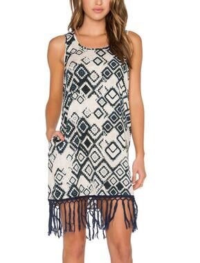 BAND OF GYPSIES Tribal Romper Dress Fringed Geometric Pattern White Blue Size S